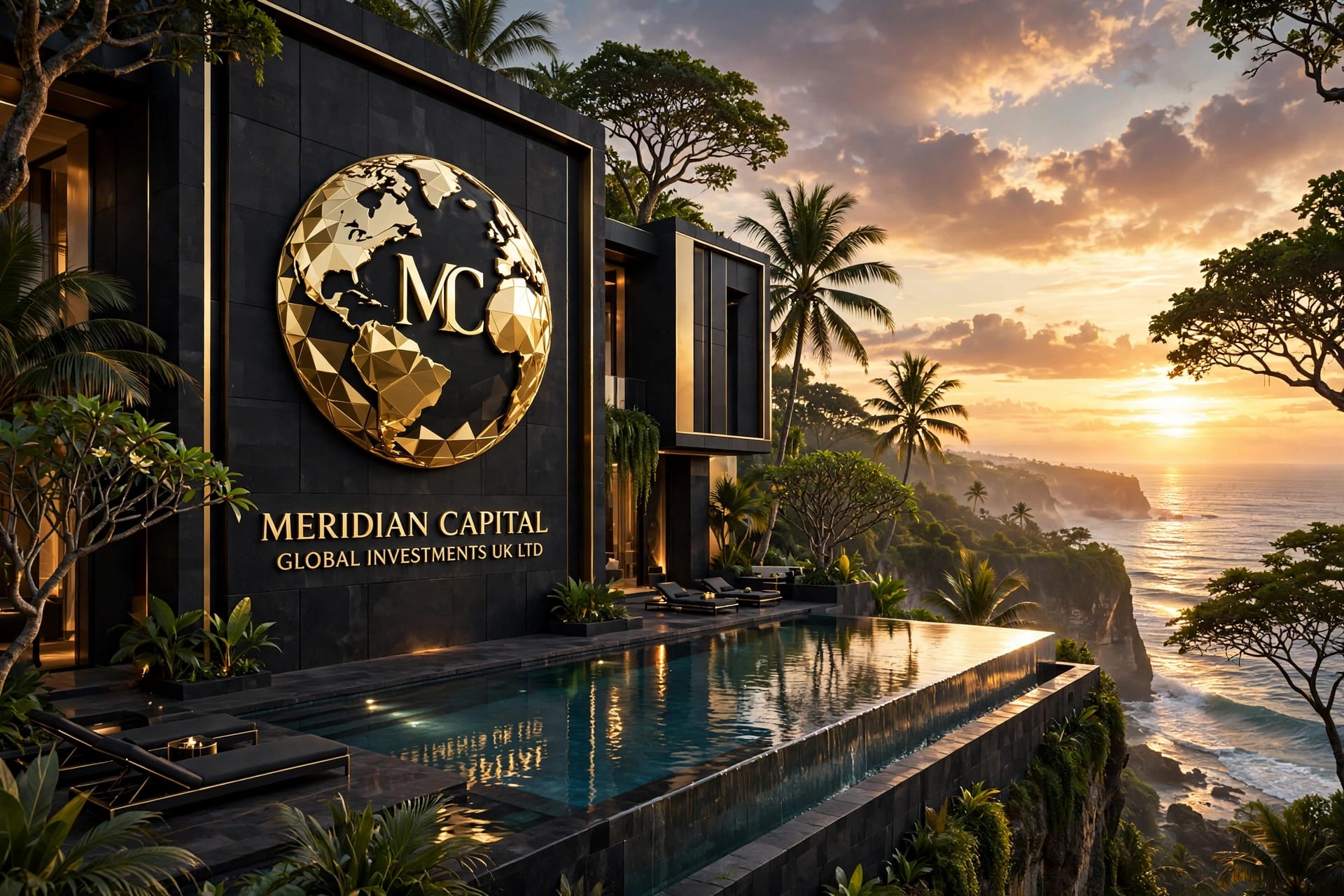 MERIDIAN CAPITAL GLOBAL INVESTMENTS UK LTD cliffside villa, logo embossed on the black stone facade